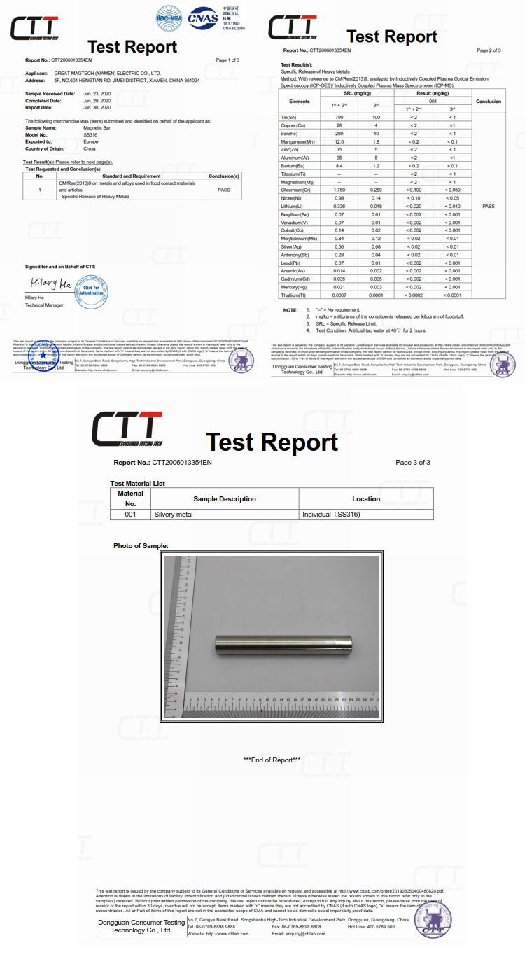 SS316 Magnetic Bar Food Grade Certificate